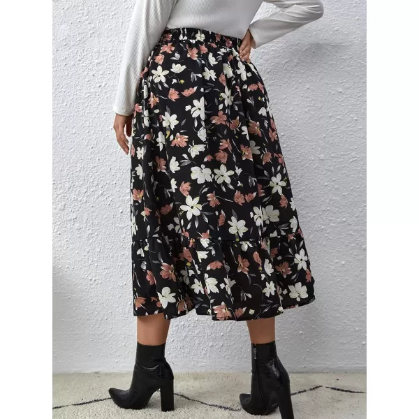 WDIRARA Women's Plus Size Floral Print Elastic Waisted Swing A Line Midi Skirt
