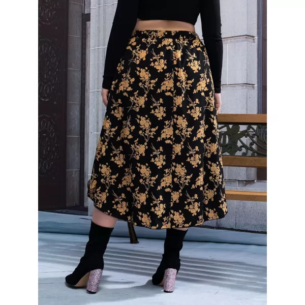 WDIRARA Women's Plus Size Floral Print Elastic Waisted Swing A Line Midi Skirt