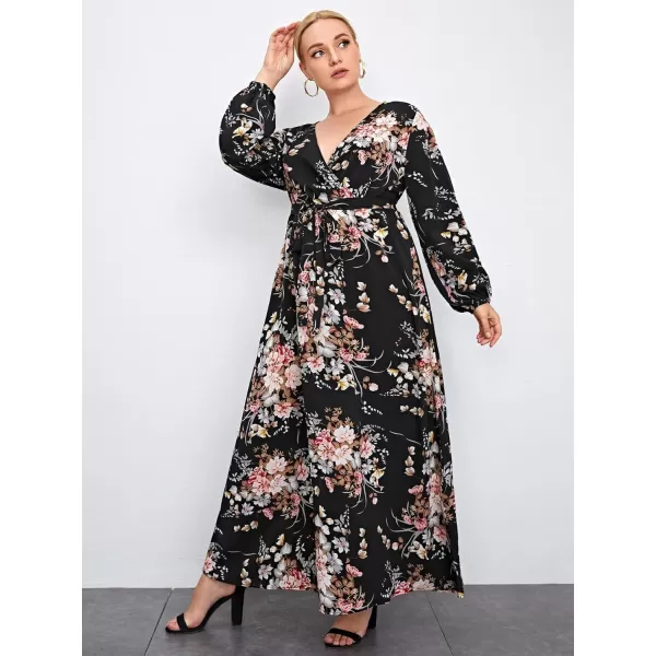 WDIRARA Women's Plus Size Floral Print V Neck Belted Bishop Long Sleeve Dress
