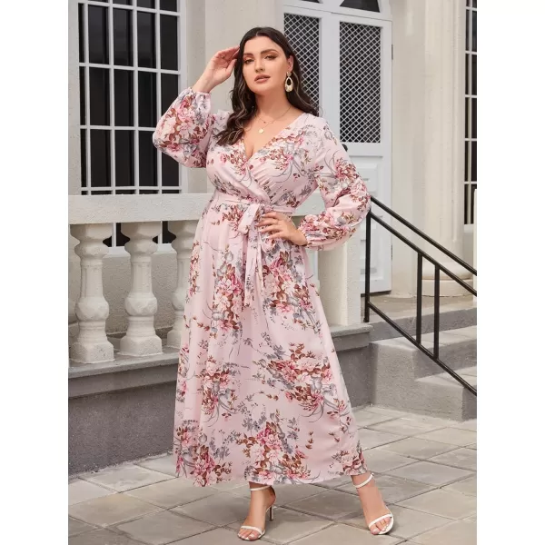 WDIRARA Women's Plus Size Floral Print V Neck Belted Bishop Long Sleeve Dress