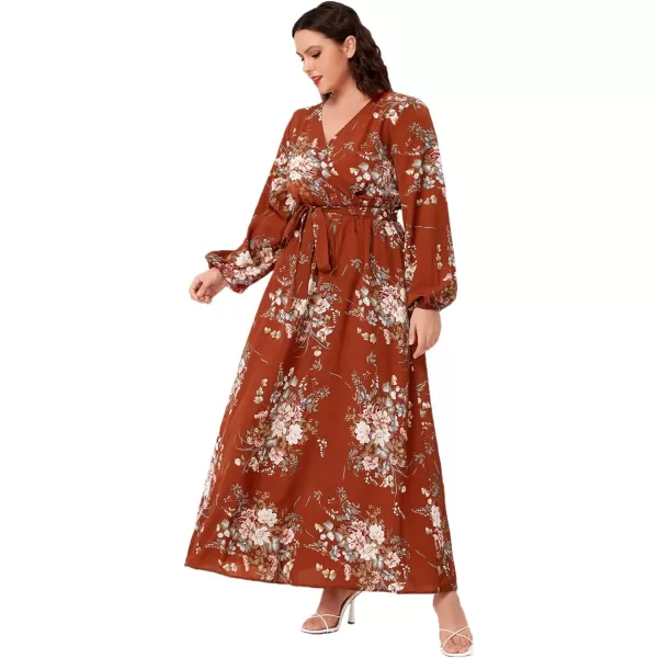 WDIRARA Women's Plus Size Floral Print V Neck Belted Bishop Long Sleeve Dress