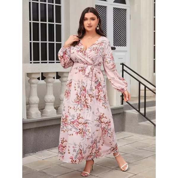 WDIRARA Women's Plus Size Floral Print V Neck Belted Bishop Long Sleeve Dress