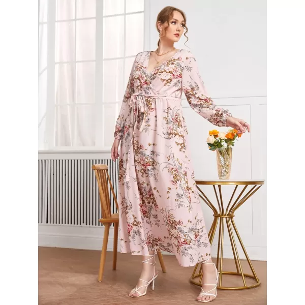 WDIRARA Women's Plus Size Floral Print V Neck Belted Bishop Long Sleeve Dress