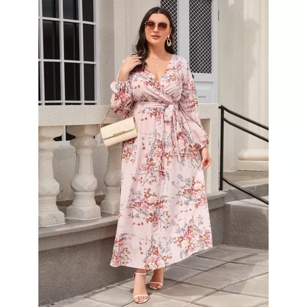 WDIRARA Women's Plus Size Floral Print V Neck Belted Bishop Long Sleeve Dress