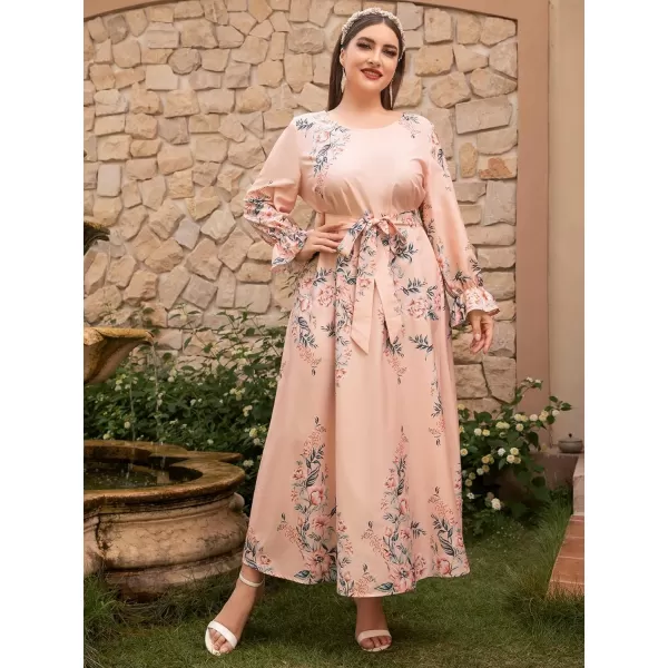 WDIRARA Women's Plus Size Floral Print V Neck Belted Bishop Long Sleeve Dress