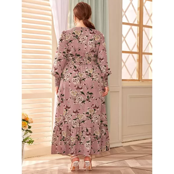 WDIRARA Women's Plus Size Floral Print V Neck Belted Bishop Long Sleeve Dress