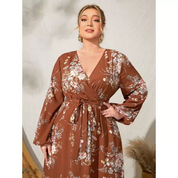 WDIRARA Women's Plus Size Floral Print V Neck Belted Bishop Long Sleeve Dress