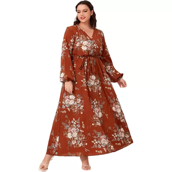 WDIRARA Women's Plus Size Floral Print V Neck Belted Bishop Long Sleeve Dress