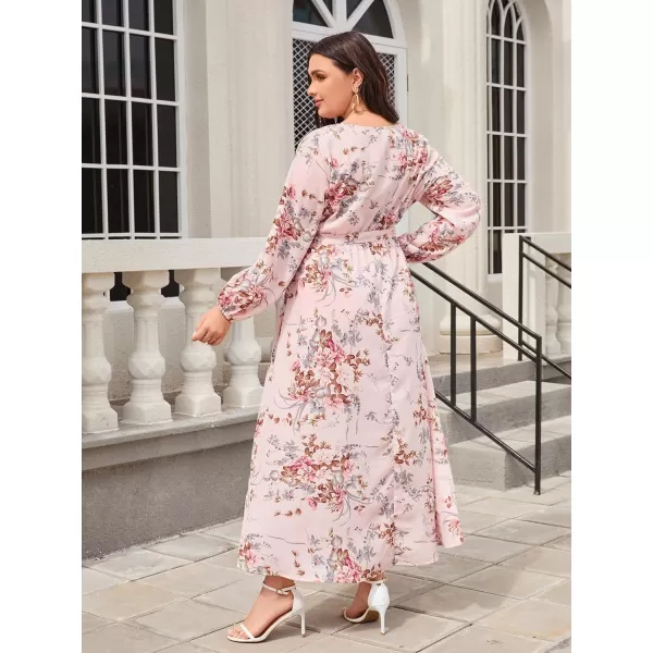 WDIRARA Women's Plus Size Floral Print V Neck Belted Bishop Long Sleeve Dress