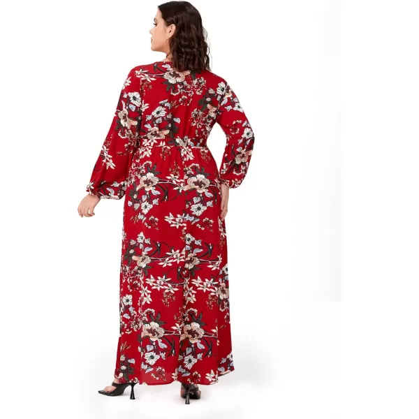 WDIRARA Women's Plus Size Floral Print V Neck Belted Bishop Long Sleeve Dress