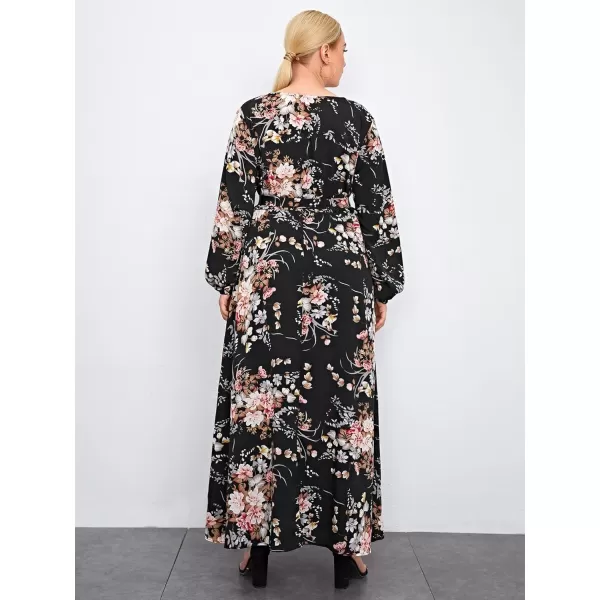 WDIRARA Women's Plus Size Floral Print V Neck Belted Bishop Long Sleeve Dress