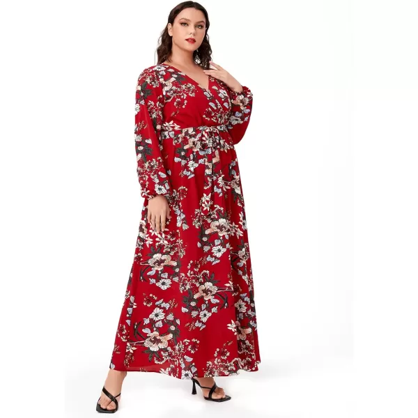 WDIRARA Women's Plus Size Floral Print V Neck Belted Bishop Long Sleeve Dress