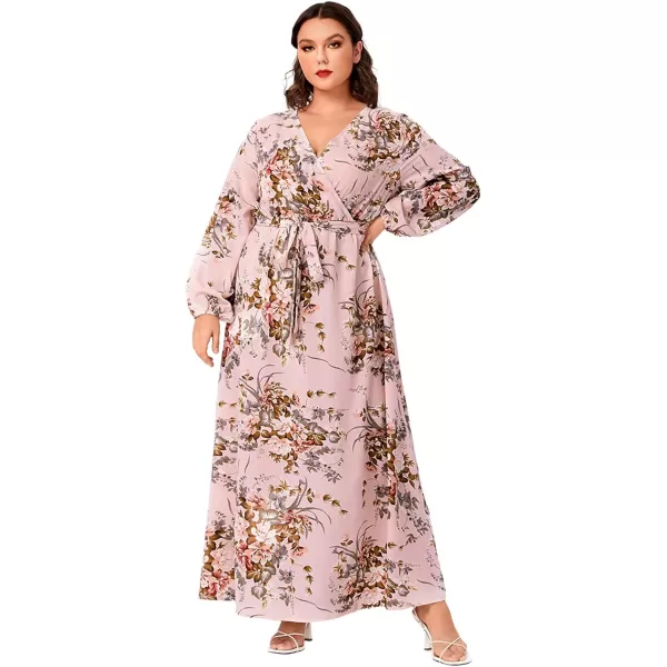 WDIRARA Women's Plus Size Floral Print V Neck Belted Bishop Long Sleeve Dress