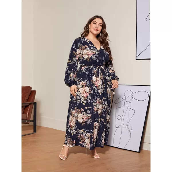 WDIRARA Women's Plus Size Floral Print V Neck Belted Bishop Long Sleeve Dress