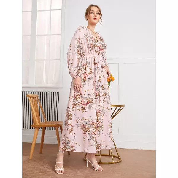 WDIRARA Women's Plus Size Floral Print V Neck Belted Bishop Long Sleeve Dress