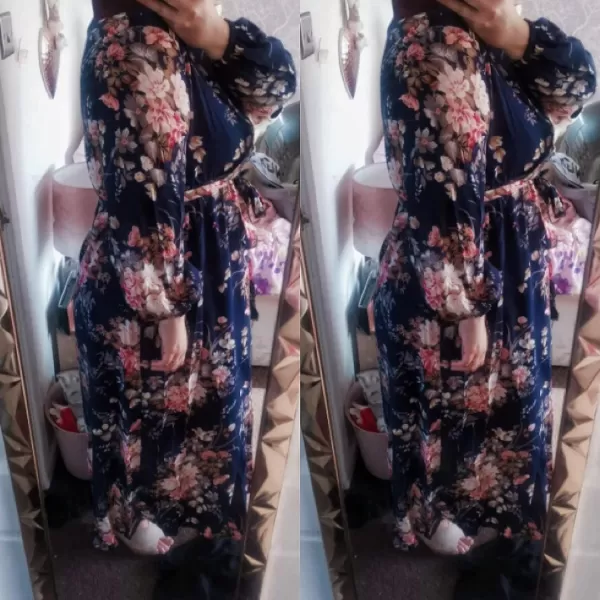 WDIRARA Women's Plus Size Floral Print V Neck Belted Bishop Long Sleeve Dress