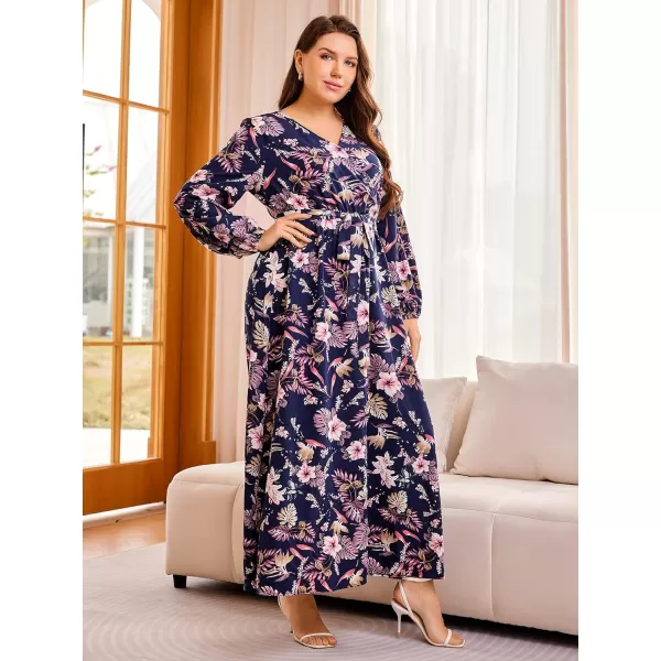 WDIRARA Women's Plus Size Floral Print V Neck Belted Bishop Long Sleeve Dress