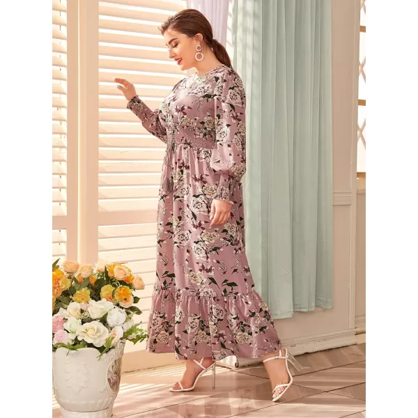 WDIRARA Women's Plus Size Floral Print V Neck Belted Bishop Long Sleeve Dress