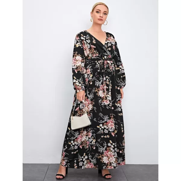 WDIRARA Women's Plus Size Floral Print V Neck Belted Bishop Long Sleeve Dress