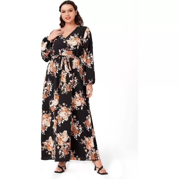 WDIRARA Women's Plus Size Floral Print V Neck Belted Bishop Long Sleeve Dress