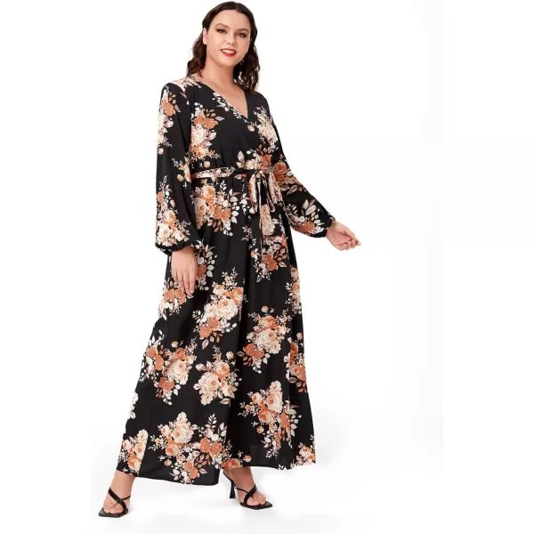 WDIRARA Women's Plus Size Floral Print V Neck Belted Bishop Long Sleeve Dress