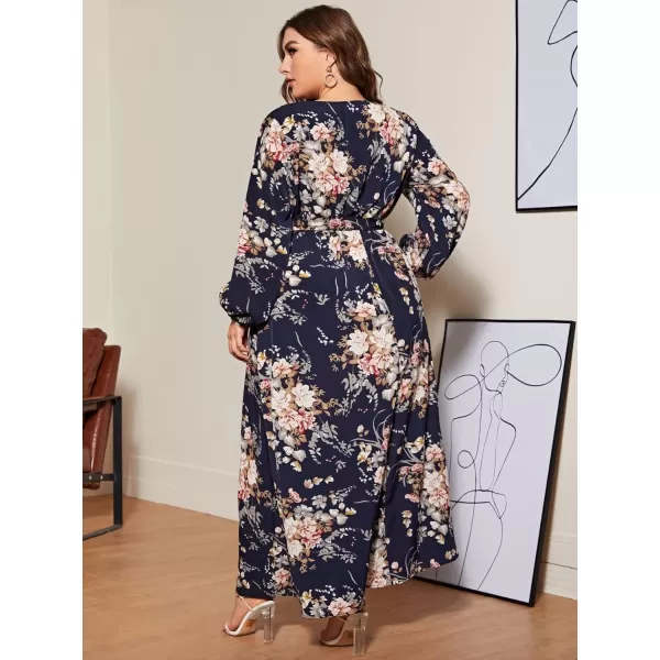 WDIRARA Women's Plus Size Floral Print V Neck Belted Bishop Long Sleeve Dress