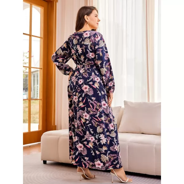 WDIRARA Women's Plus Size Floral Print V Neck Belted Bishop Long Sleeve Dress