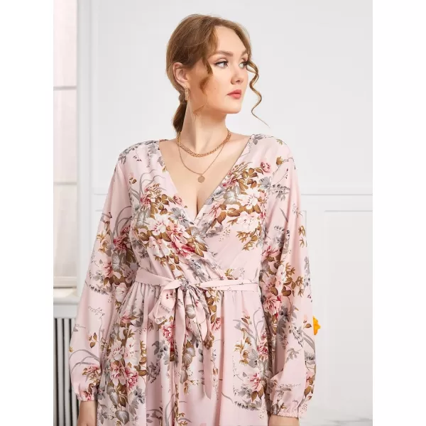 WDIRARA Women's Plus Size Floral Print V Neck Belted Bishop Long Sleeve Dress