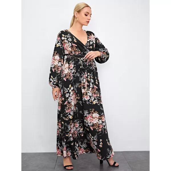 WDIRARA Women's Plus Size Floral Print V Neck Belted Bishop Long Sleeve Dress