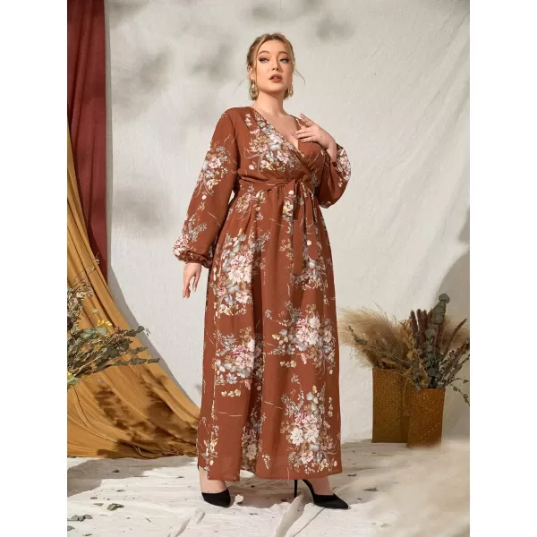 WDIRARA Women's Plus Size Floral Print V Neck Belted Bishop Long Sleeve Dress