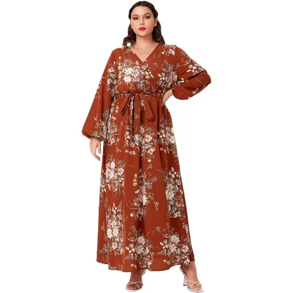 WDIRARA Women's Plus Size Floral Print V Neck Belted Bishop Long Sleeve Dress