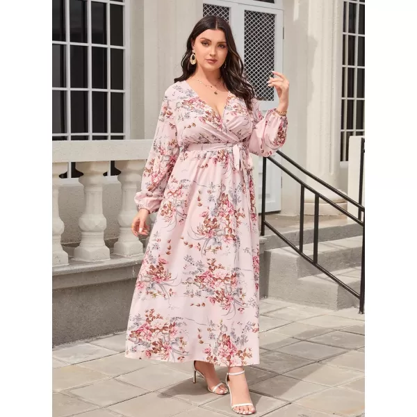 WDIRARA Women's Plus Size Floral Print V Neck Belted Bishop Long Sleeve Dress