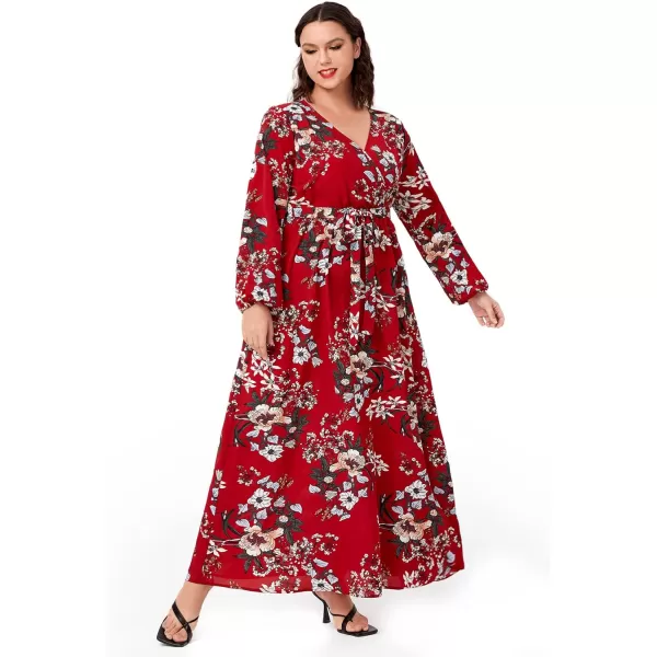 WDIRARA Women's Plus Size Floral Print V Neck Belted Bishop Long Sleeve Dress
