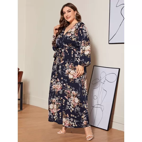 WDIRARA Women's Plus Size Floral Print V Neck Belted Bishop Long Sleeve Dress