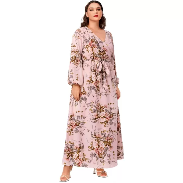 WDIRARA Women's Plus Size Floral Print V Neck Belted Bishop Long Sleeve Dress