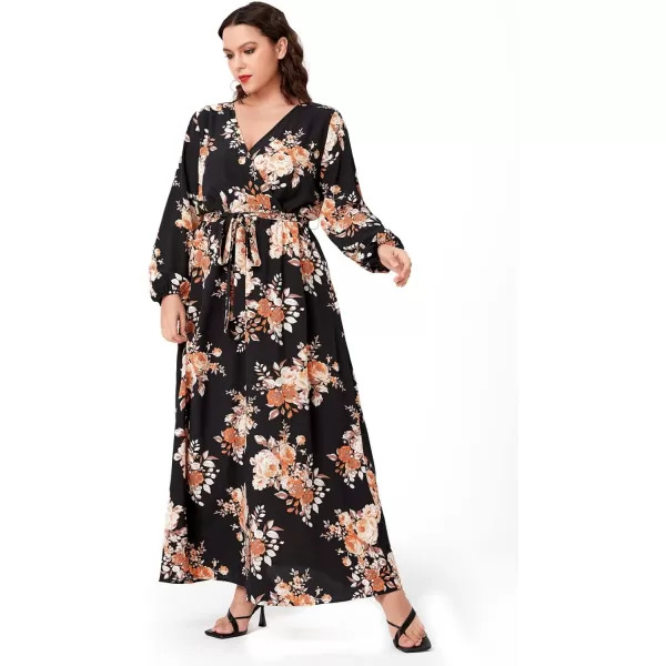 WDIRARA Women's Plus Size Floral Print V Neck Belted Bishop Long Sleeve Dress