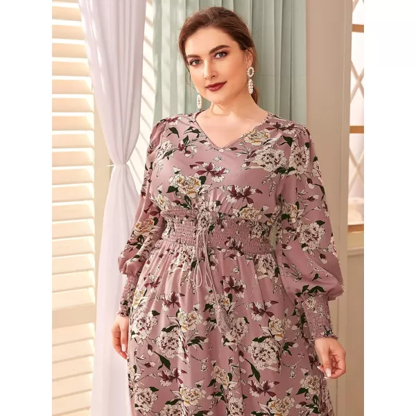 WDIRARA Women's Plus Size Floral Print V Neck Belted Bishop Long Sleeve Dress