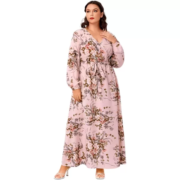 WDIRARA Women's Plus Size Floral Print V Neck Belted Bishop Long Sleeve Dress