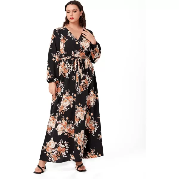 WDIRARA Women's Plus Size Floral Print V Neck Belted Bishop Long Sleeve Dress