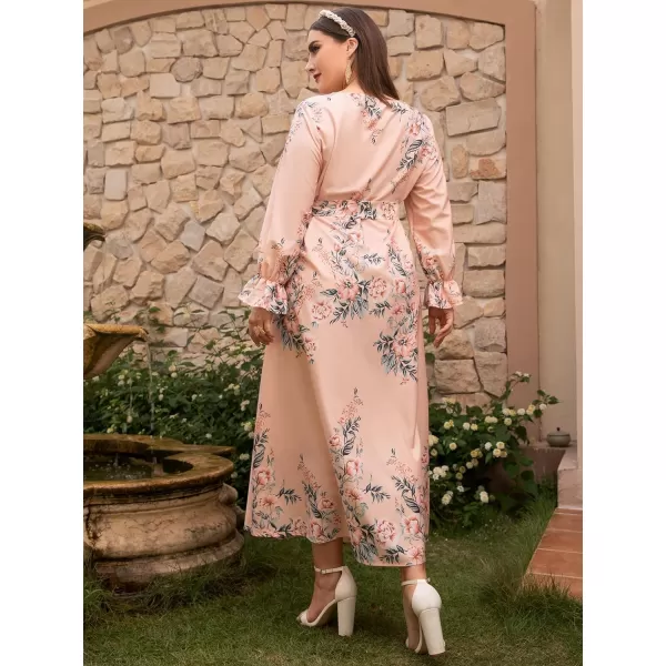 WDIRARA Women's Plus Size Floral Print V Neck Belted Bishop Long Sleeve Dress