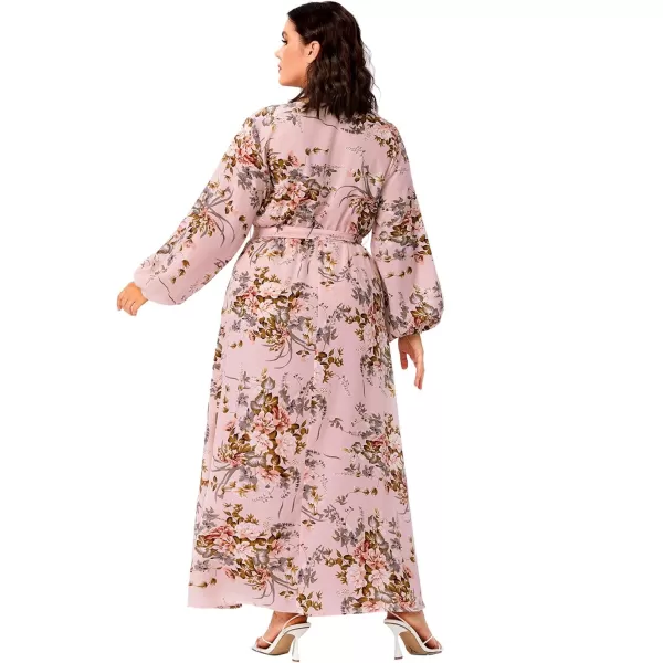 WDIRARA Women's Plus Size Floral Print V Neck Belted Bishop Long Sleeve Dress