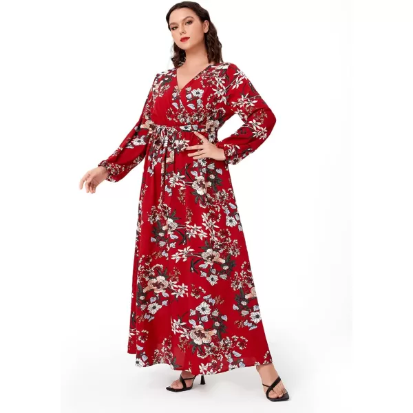 WDIRARA Women's Plus Size Floral Print V Neck Belted Bishop Long Sleeve Dress