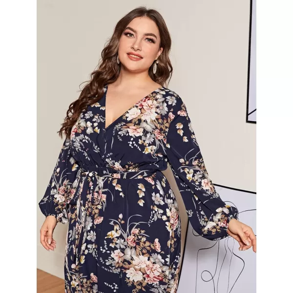 WDIRARA Women's Plus Size Floral Print V Neck Belted Bishop Long Sleeve Dress