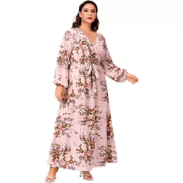 WDIRARA Women's Plus Size Floral Print V Neck Belted Bishop Long Sleeve Dress