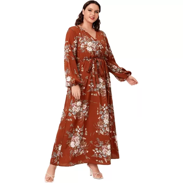 WDIRARA Women's Plus Size Floral Print V Neck Belted Bishop Long Sleeve Dress