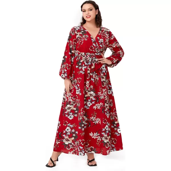 WDIRARA Women's Plus Size Floral Print V Neck Belted Bishop Long Sleeve Dress