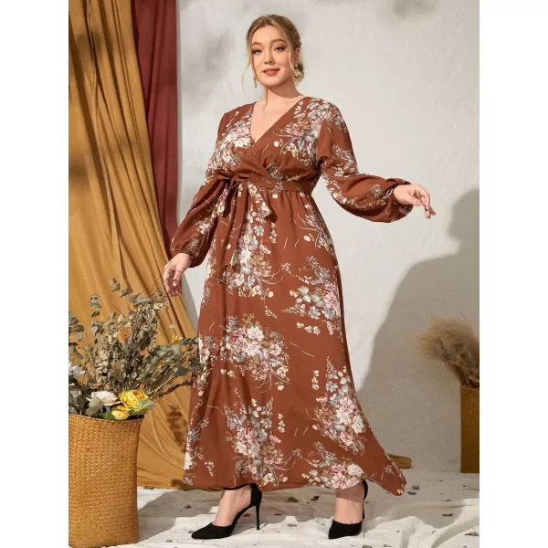 WDIRARA Women's Plus Size Floral Print V Neck Belted Bishop Long Sleeve Dress