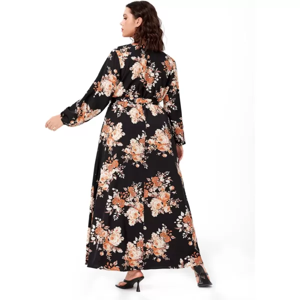 WDIRARA Women's Plus Size Floral Print V Neck Belted Bishop Long Sleeve Dress