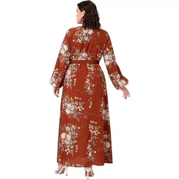 WDIRARA Women's Plus Size Floral Print V Neck Belted Bishop Long Sleeve Dress