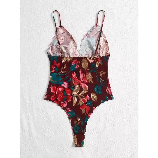 WDIRARA Women's Plus Size Floral Spaghetti Strap Camisole Scallop Trim Cami Bodysuit Top